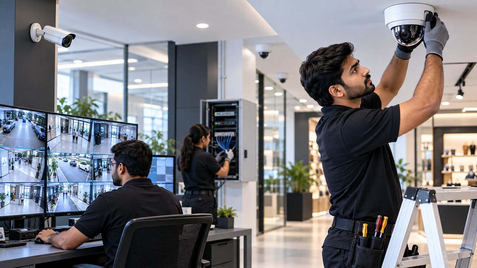Technicians installing CCTV and business security systems